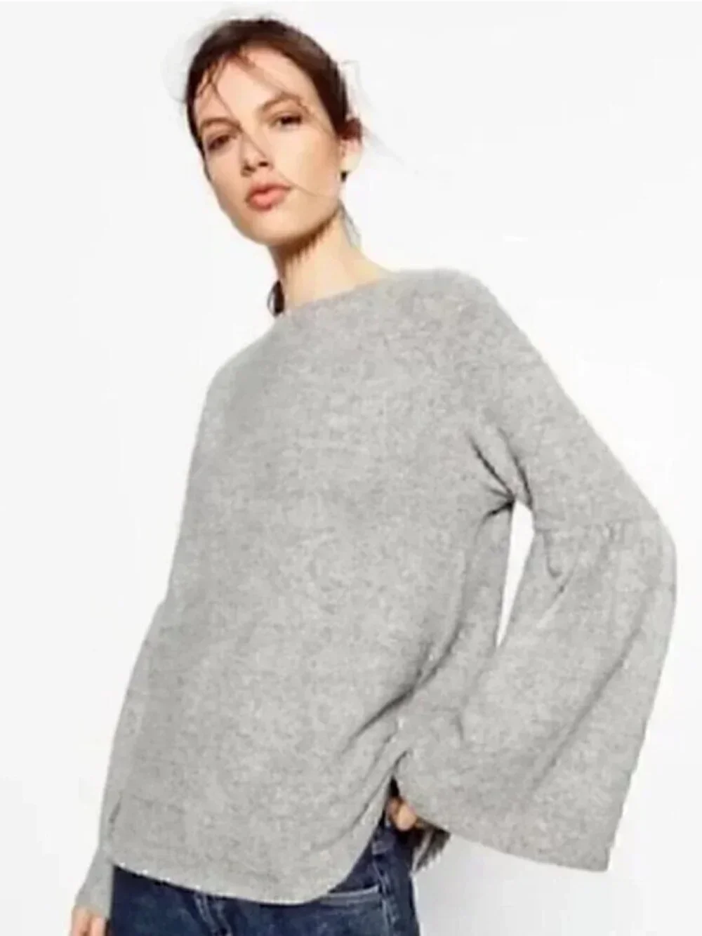 ZARA Bell Sleeve Soft Knit Sweater in Heathered Marled Gray Size S - Picture 4 of 10